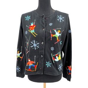 Michael Simon Cardigan Womens Black Embroidered Winter Skiing Snowflake Sweater
